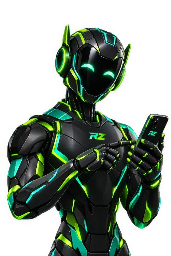 The RZGS-PRO robot mascot checking a trade on its phone